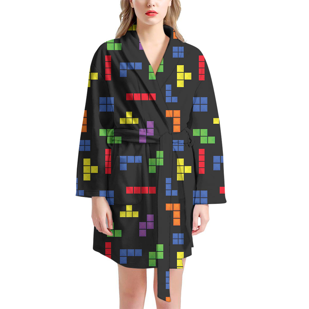 Colorful Block Puzzle Game Pattern Print Women's Bathrobe