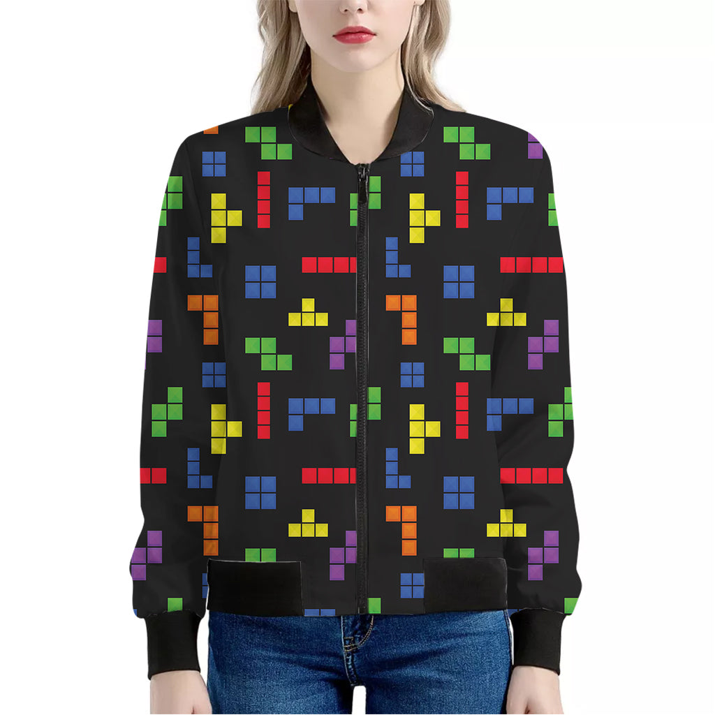 Colorful Block Puzzle Game Pattern Print Women's Bomber Jacket