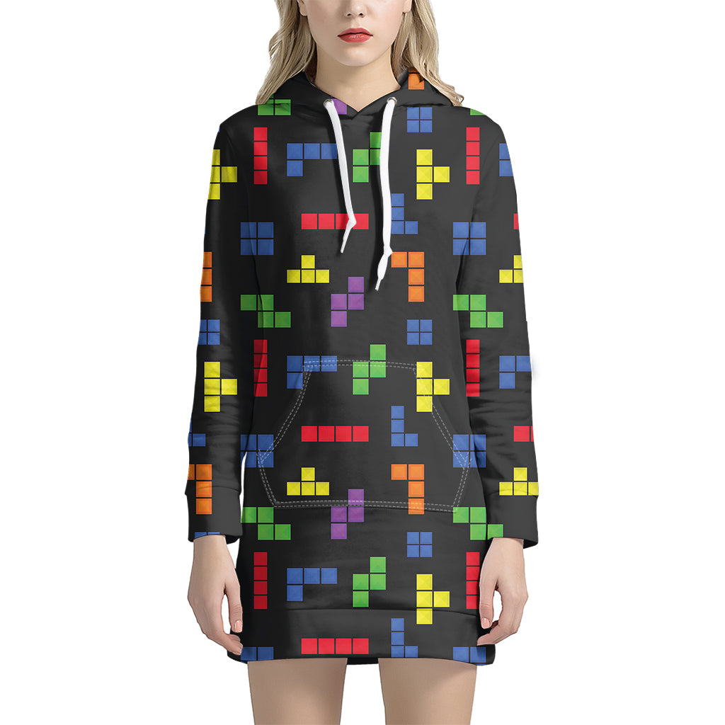 Colorful Block Puzzle Game Pattern Print Women's Pullover Hoodie Dress