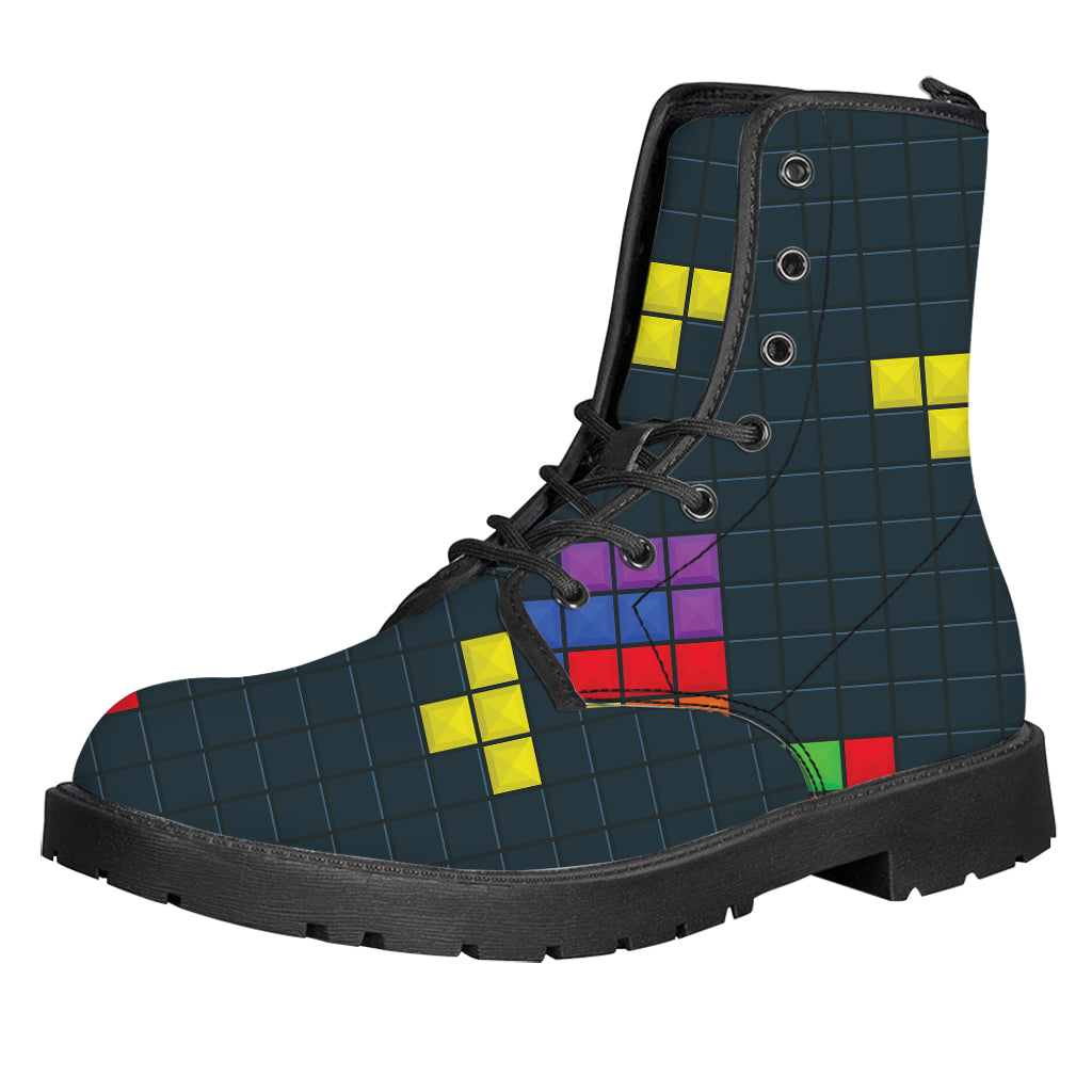 Colorful Block Puzzle Video Game Print Leather Boots