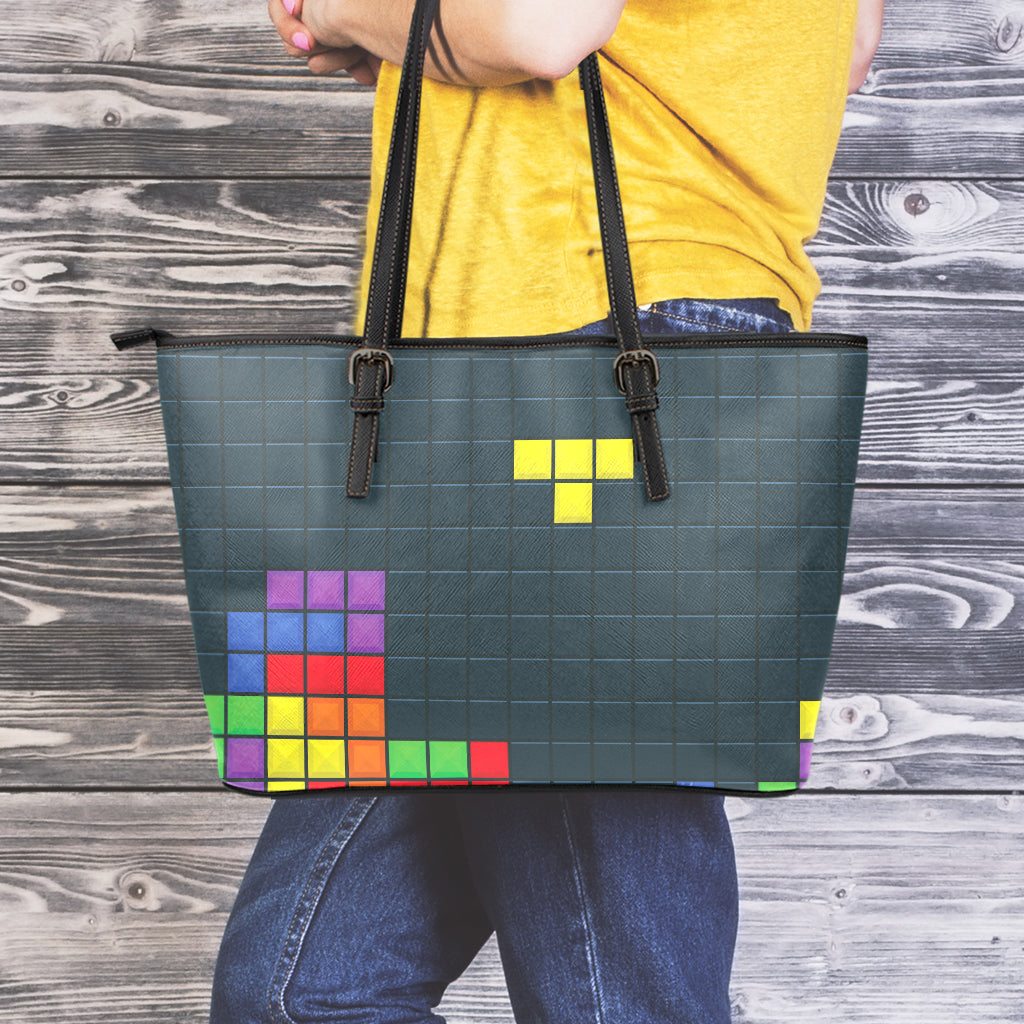 Colorful Block Puzzle Video Game Print Leather Tote Bag