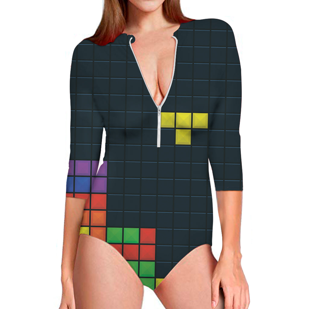 Colorful Block Puzzle Video Game Print Long Sleeve One Piece Swimsuit