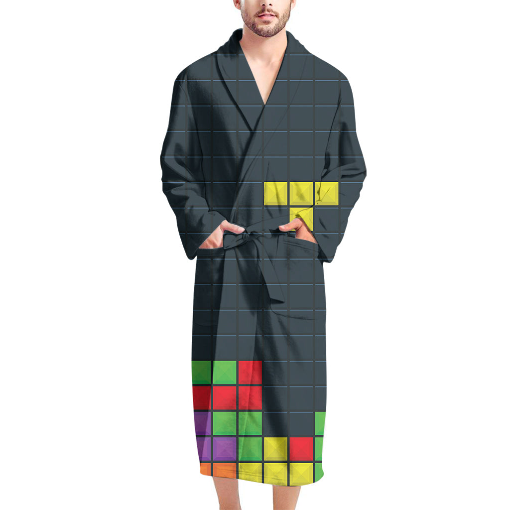 Colorful Block Puzzle Video Game Print Men's Bathrobe