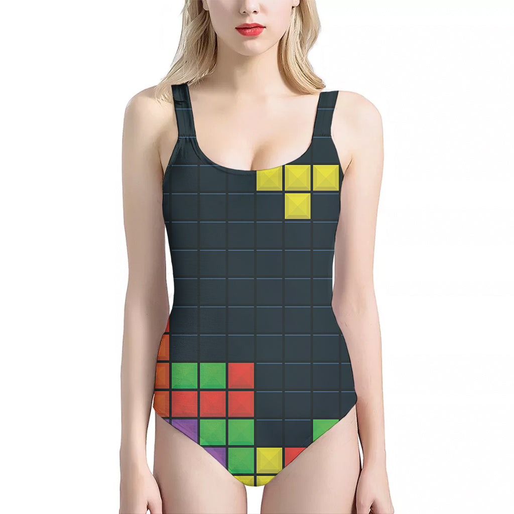 Colorful Block Puzzle Video Game Print One Piece Halter Neck Swimsuit