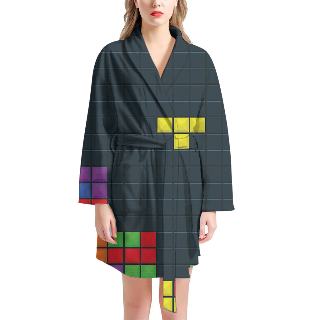 Colorful Block Puzzle Video Game Print Women's Bathrobe