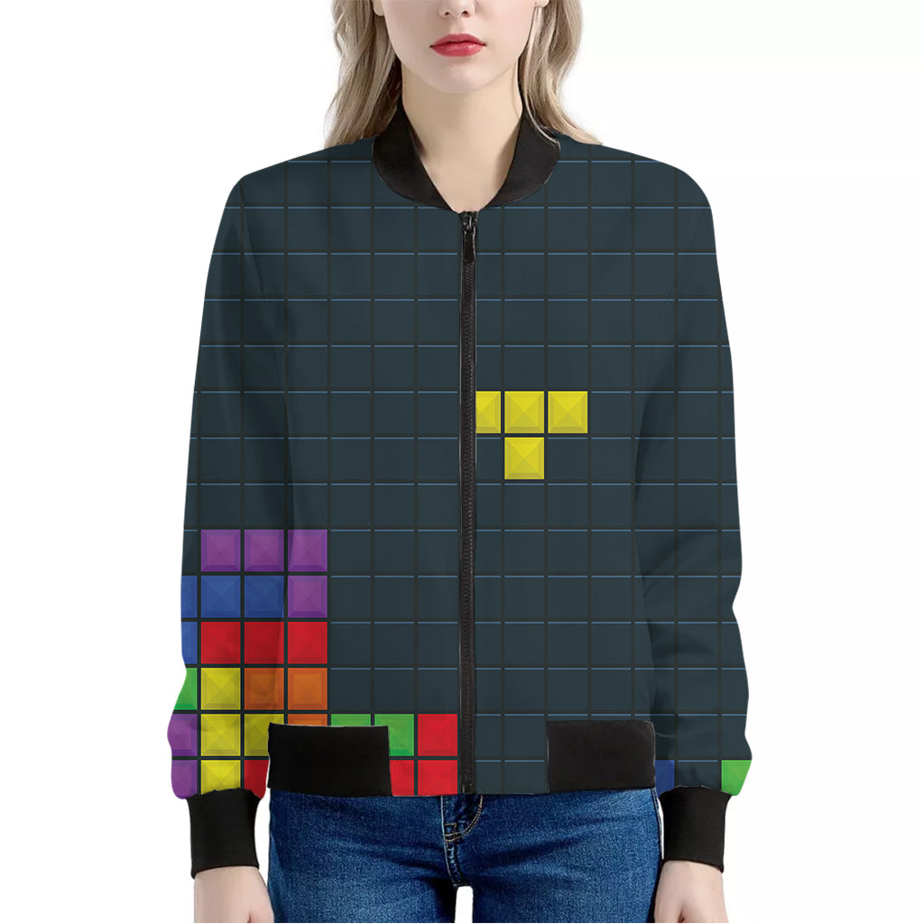 Colorful Block Puzzle Video Game Print Women's Bomber Jacket