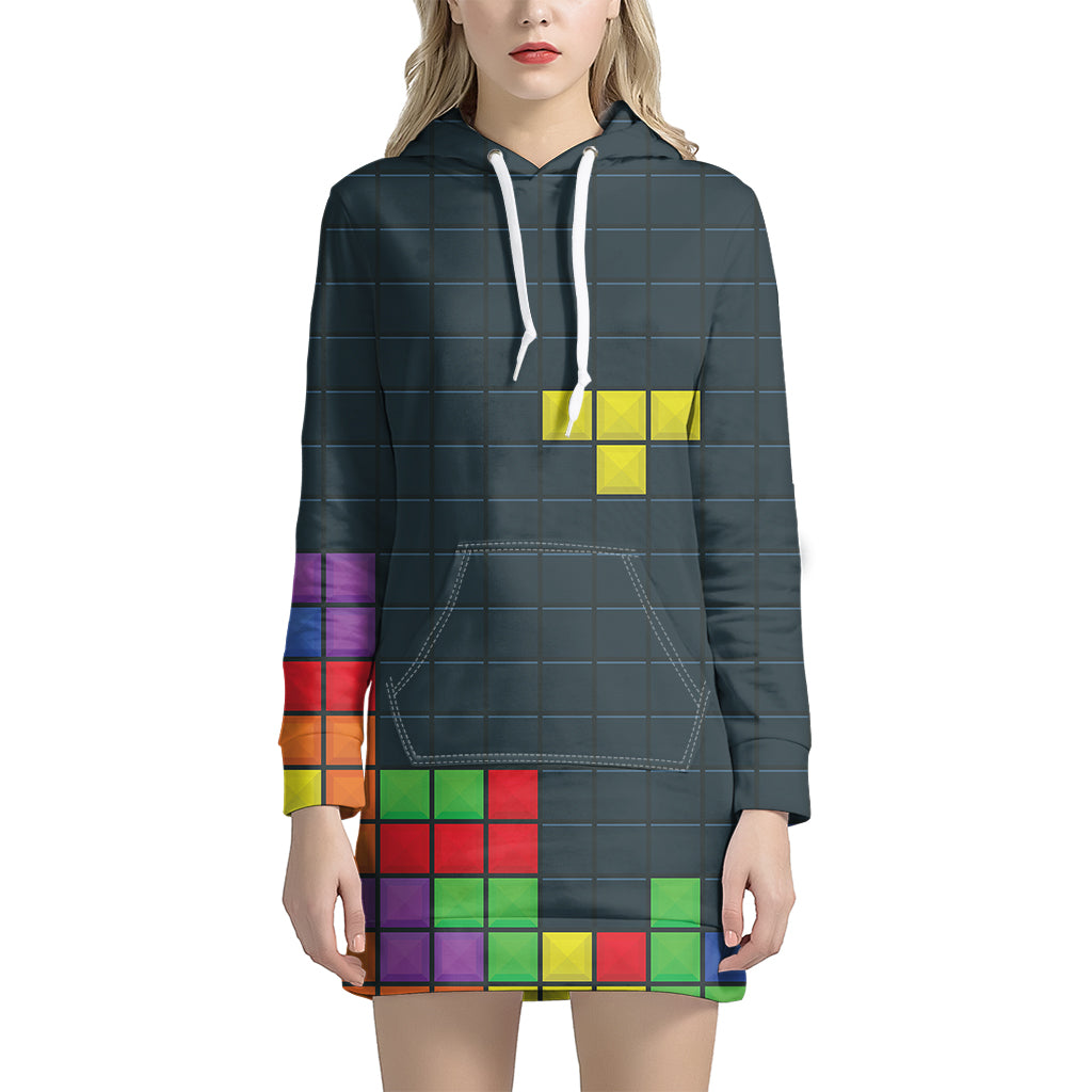 Colorful Block Puzzle Video Game Print Women's Pullover Hoodie Dress