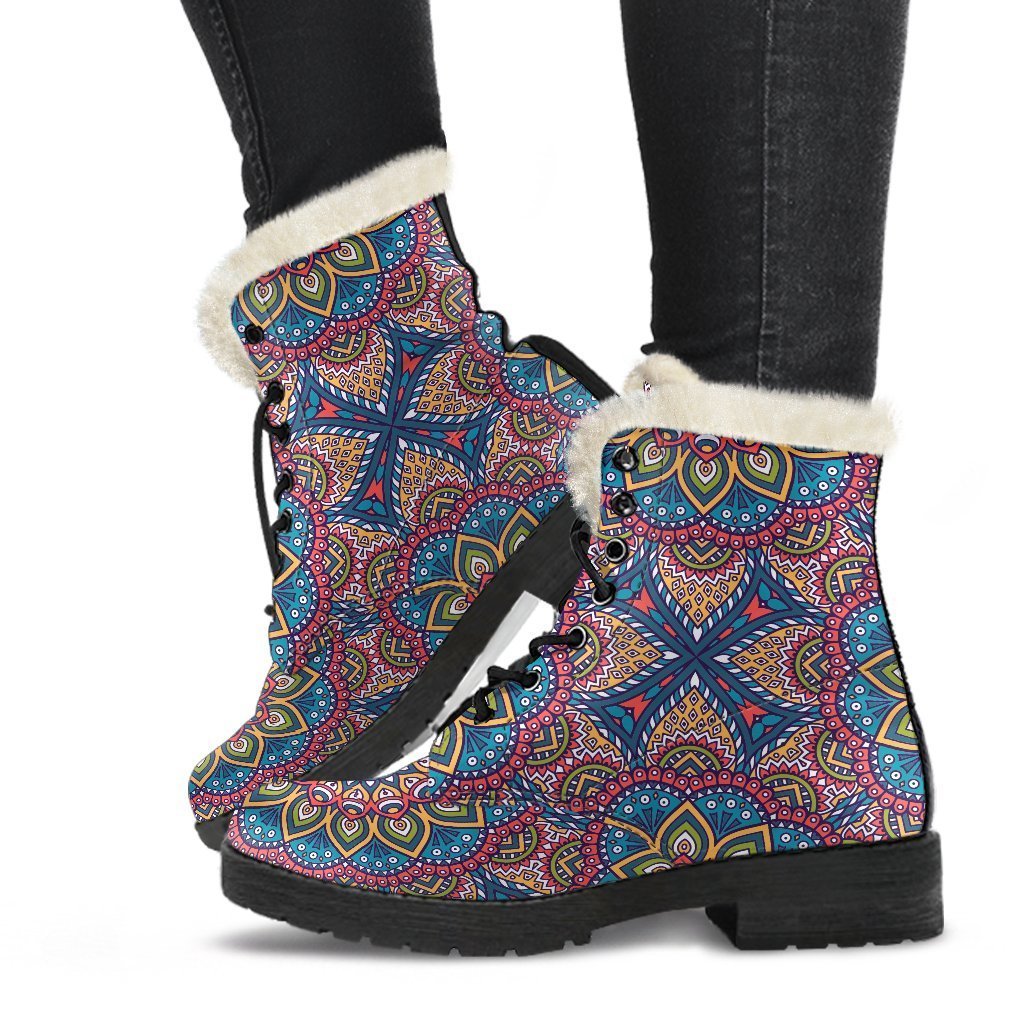 Colorful Bohemian Mandala Pattern Print Faux Fur Leather Boots