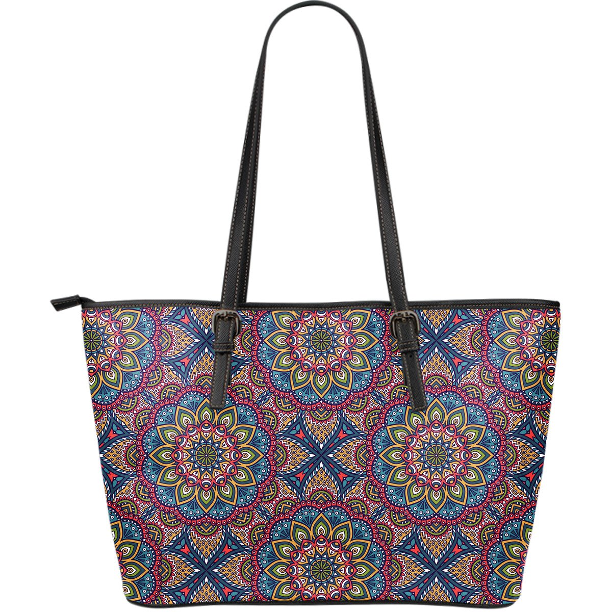 Colorful Bohemian Mandala Pattern Print Leather Tote Bag