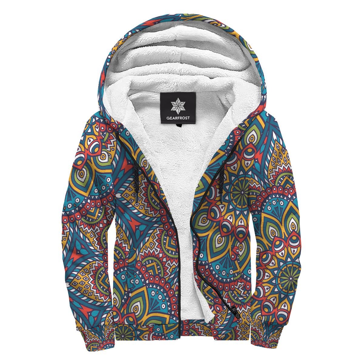 Colorful Bohemian Mandala Pattern Print Sherpa Lined Fleece Hoodie