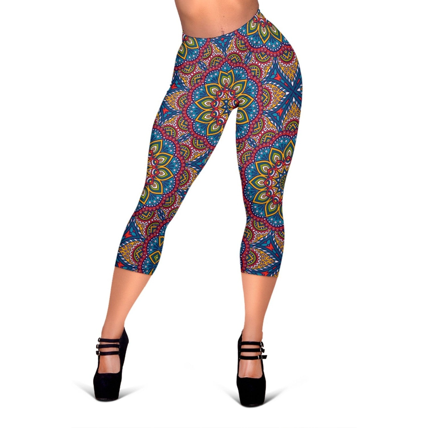 Colorful Bohemian Mandala Pattern Print Women's Capri Leggings