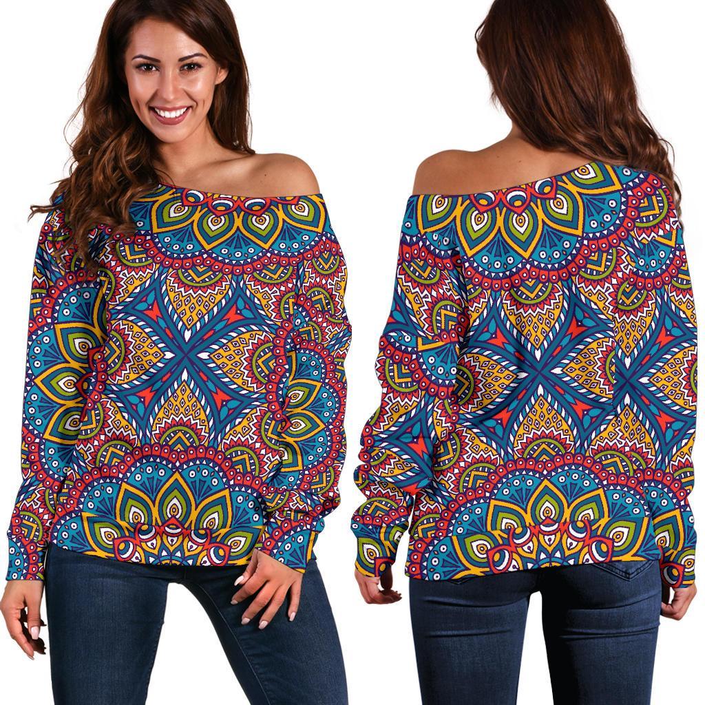 Colorful Bohemian Mandala Pattern Print Women's Off-Shoulder Sweatshirt