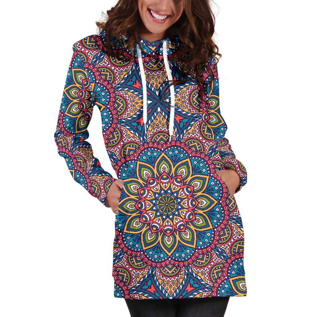 Colorful Bohemian Mandala Pattern Print Women's Pullover Hoodie Dress