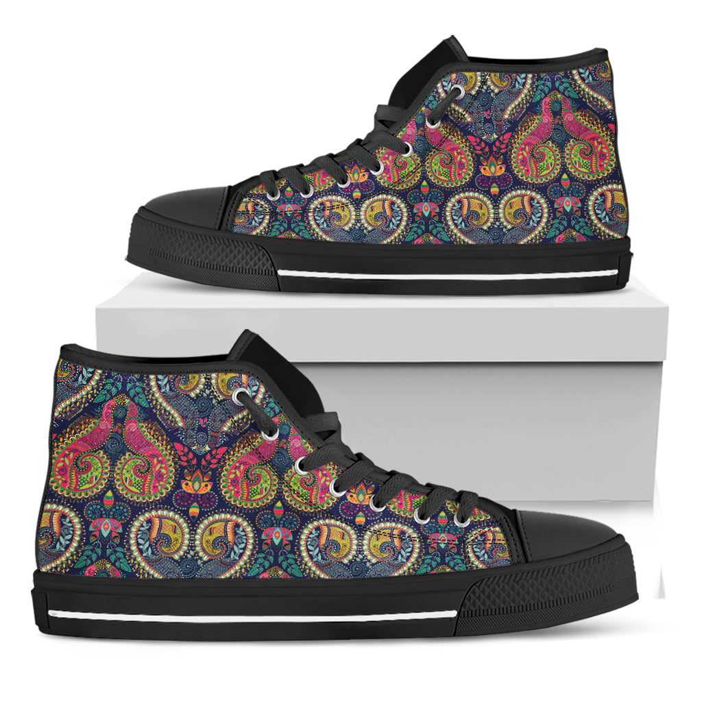 Colorful Boho Paisley Pattern Print Black High Top Shoes