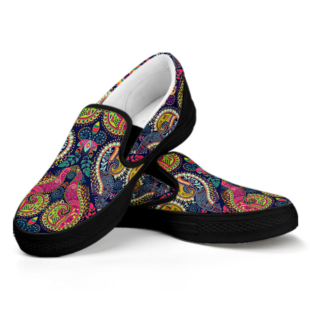 Colorful Boho Paisley Pattern Print Black Slip On Shoes