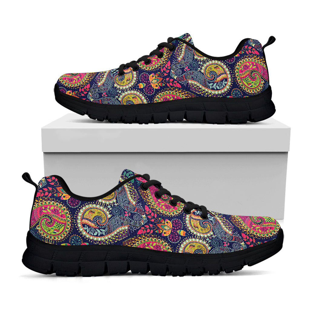 Colorful Boho Paisley Pattern Print Black Sneakers