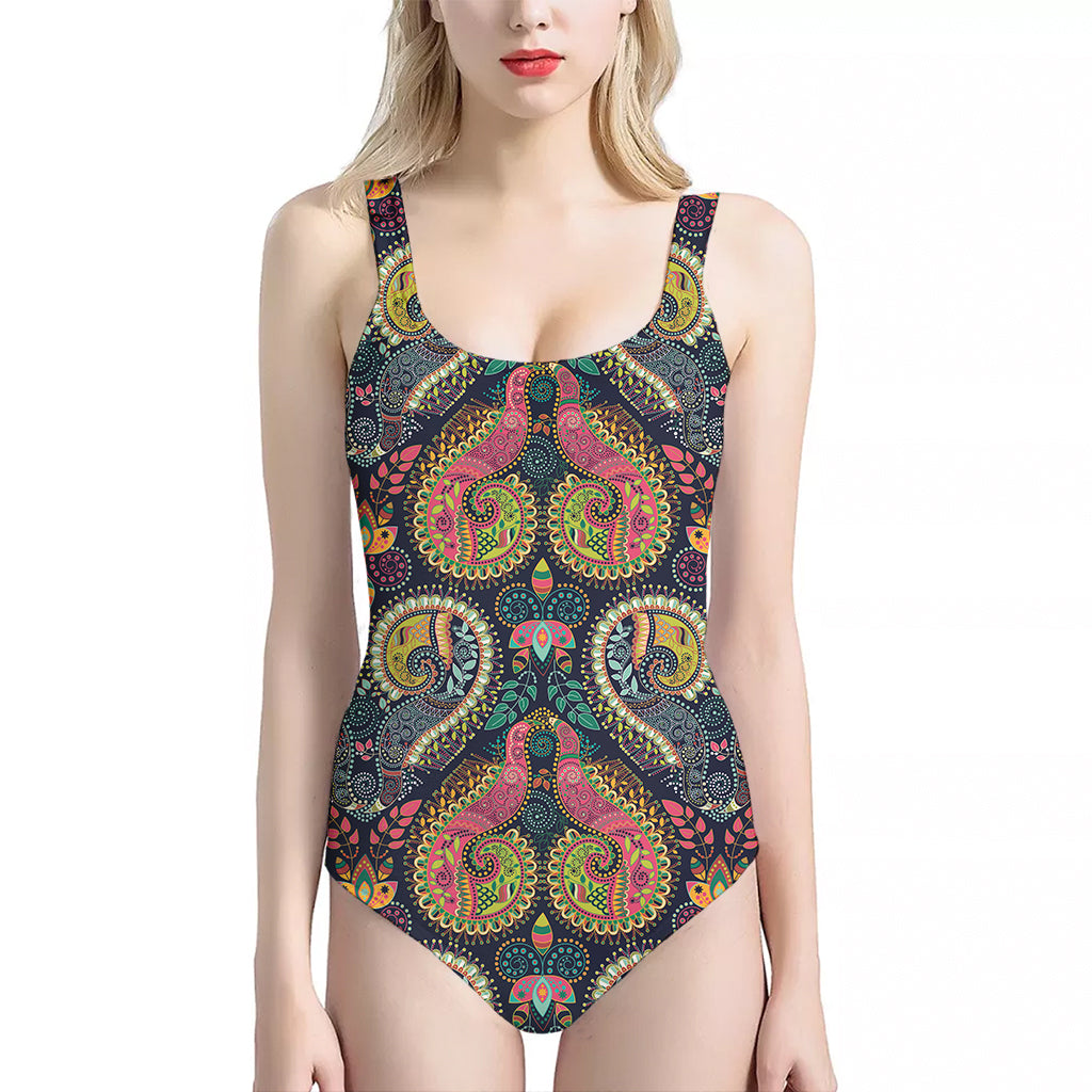 Colorful Boho Paisley Pattern Print One Piece Halter Neck Swimsuit