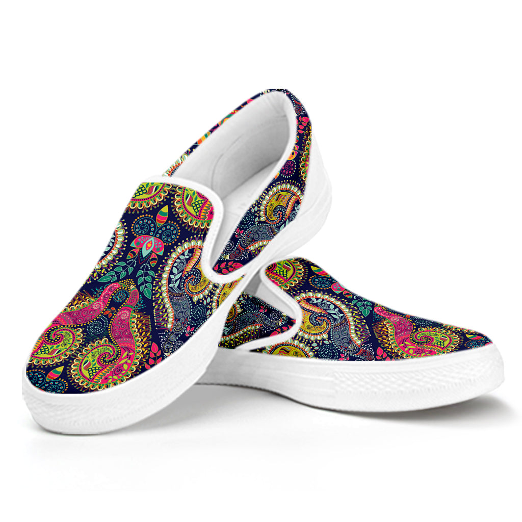 Colorful Boho Paisley Pattern Print White Slip On Shoes