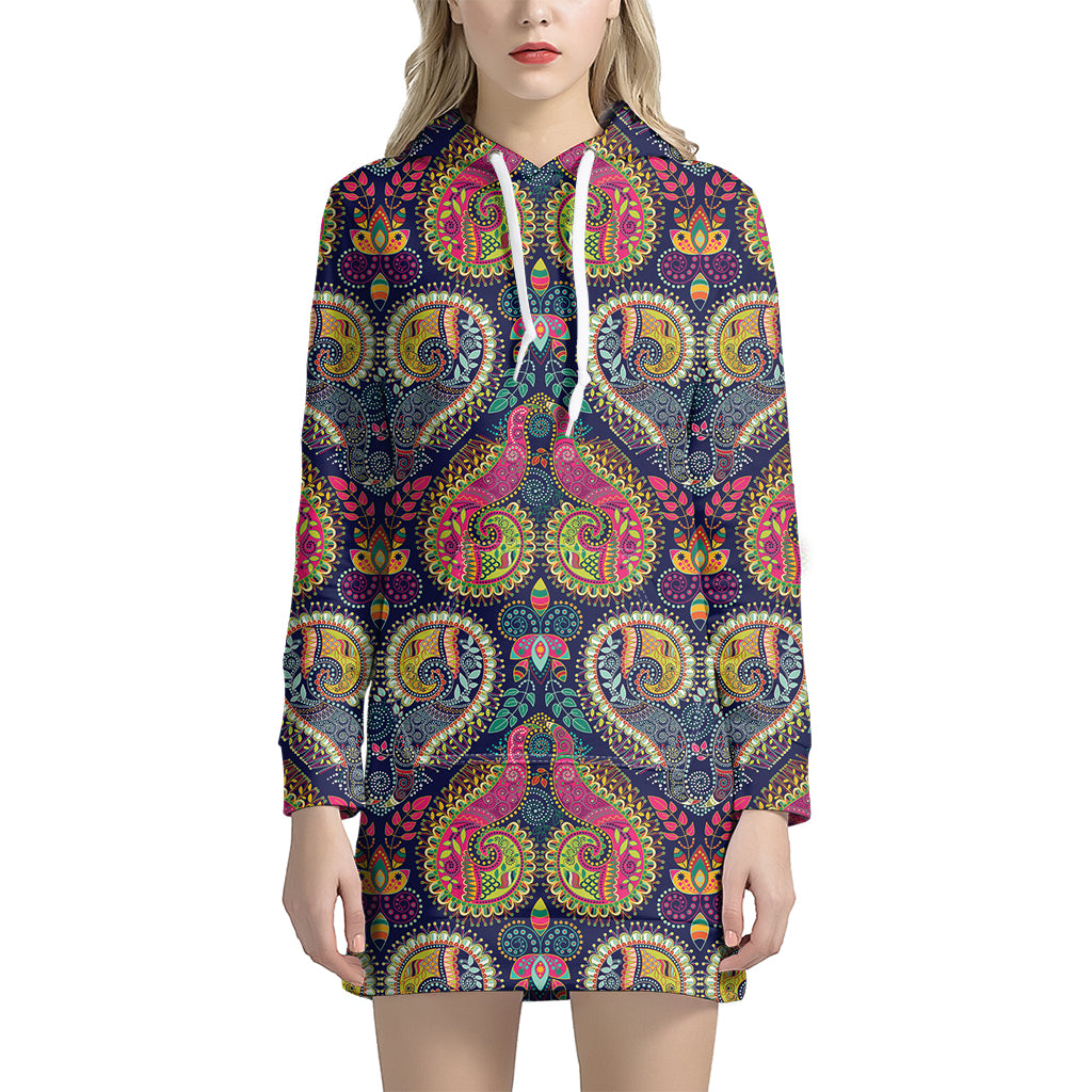 Colorful Boho Paisley Pattern Print Women's Pullover Hoodie Dress