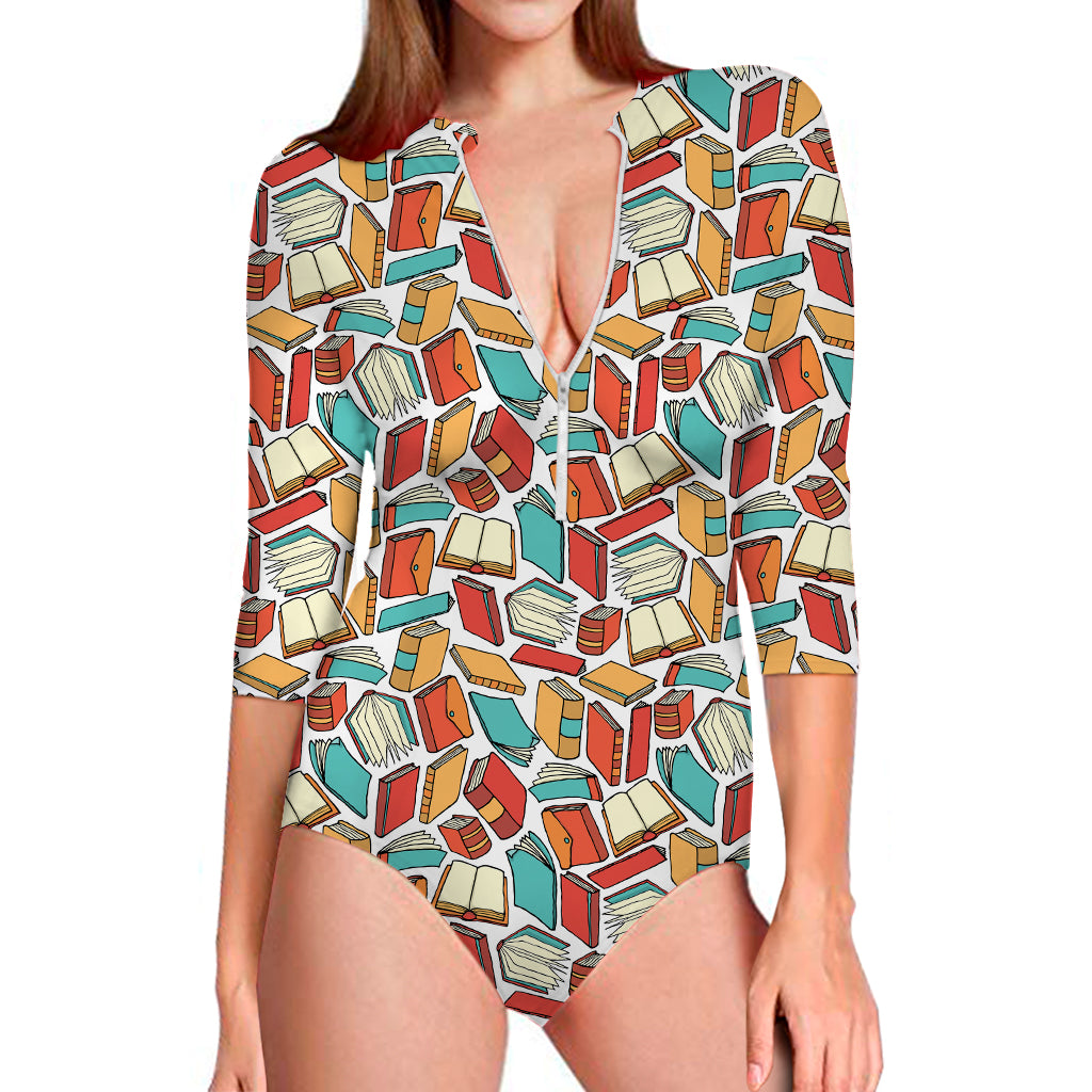 Colorful Books Pattern Print Long Sleeve One Piece Swimsuit