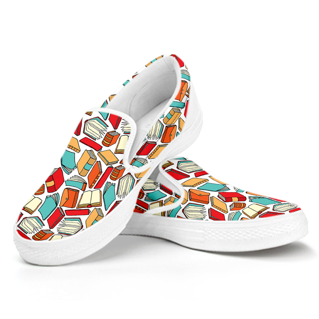 Colorful Books Pattern Print White Slip On Shoes