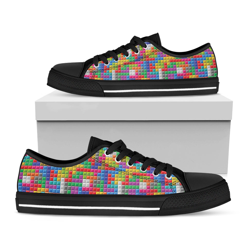 Colorful Brick Puzzle Game Pattern Print Black Low Top Shoes