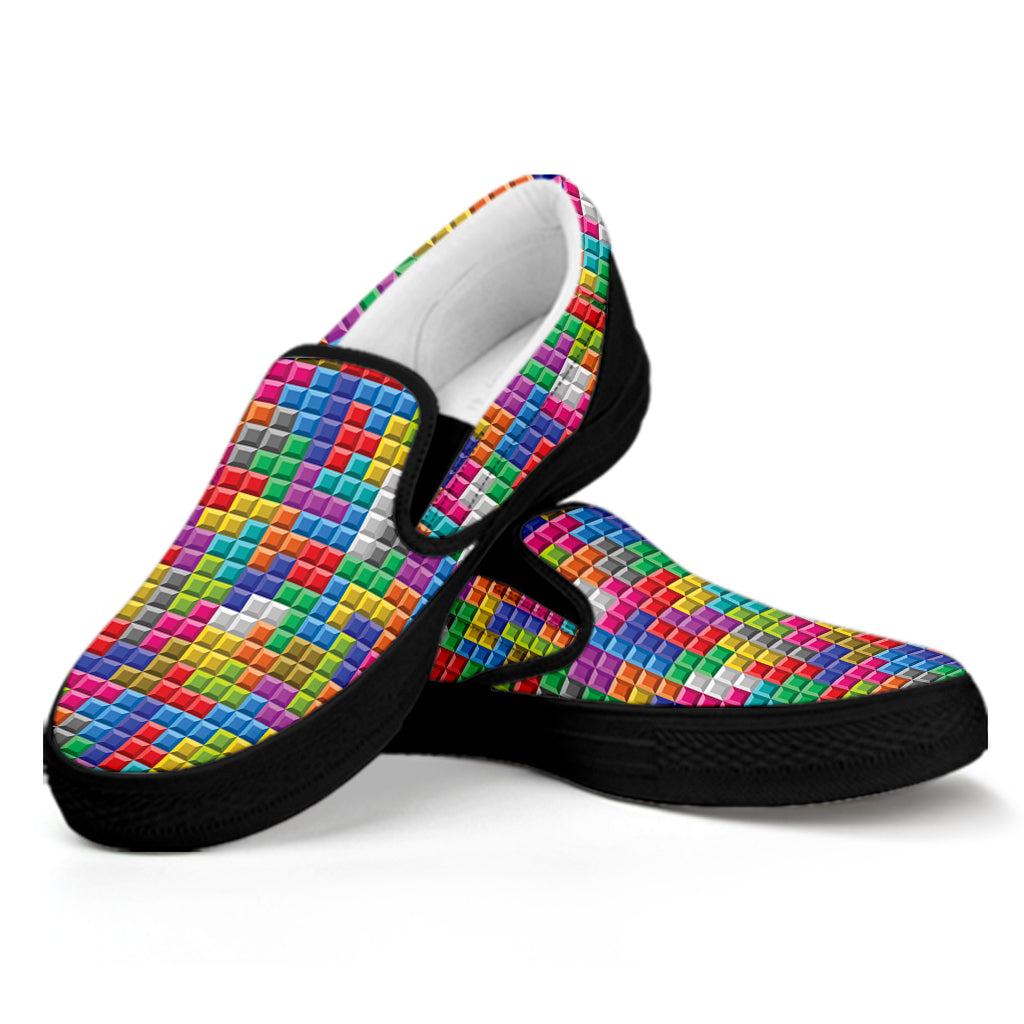 Colorful Brick Puzzle Game Pattern Print Black Slip On Shoes