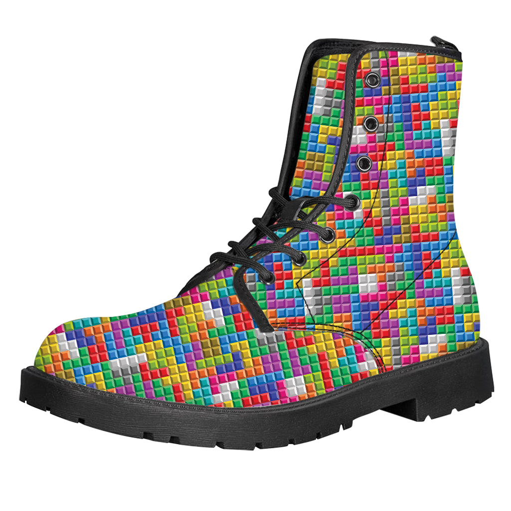 Colorful Brick Puzzle Game Pattern Print Leather Boots