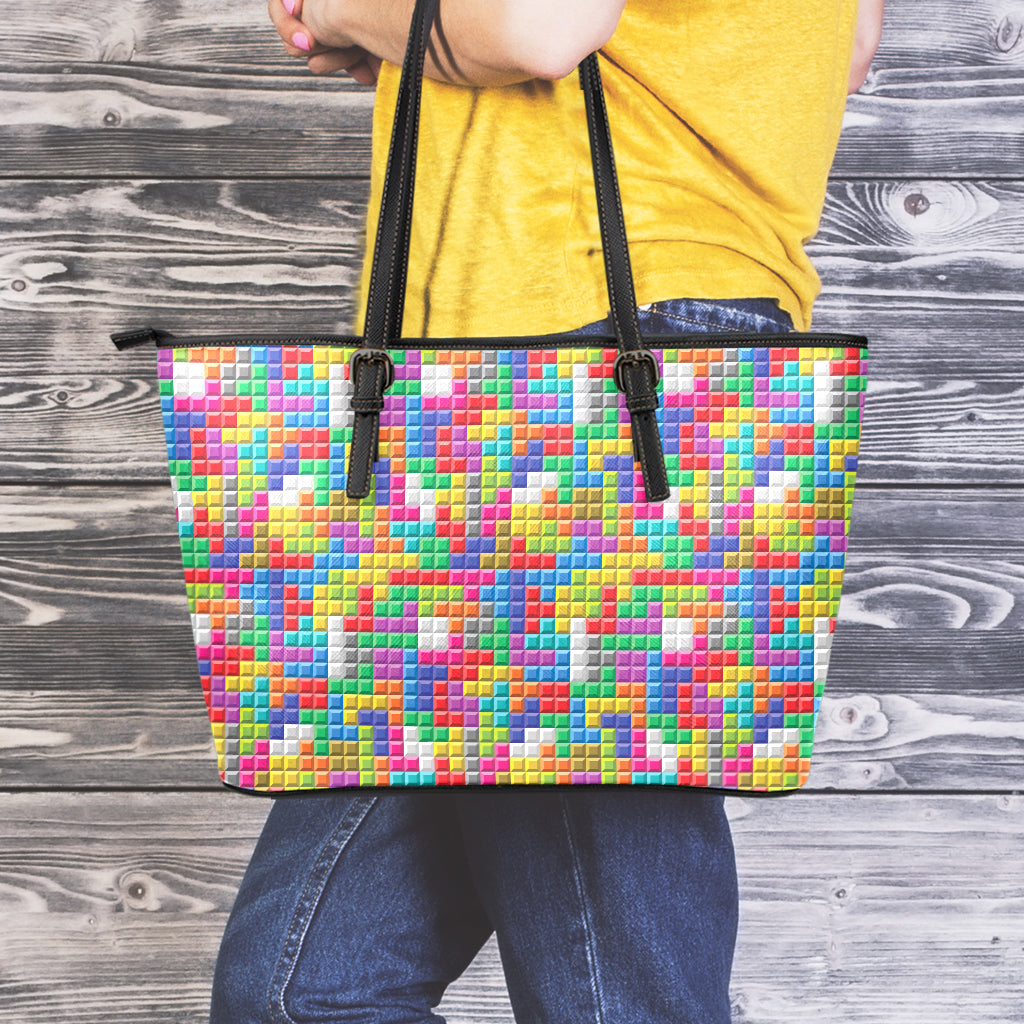 Colorful Brick Puzzle Game Pattern Print Leather Tote Bag