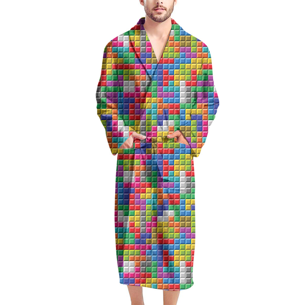 Colorful Brick Puzzle Game Pattern Print Men's Bathrobe