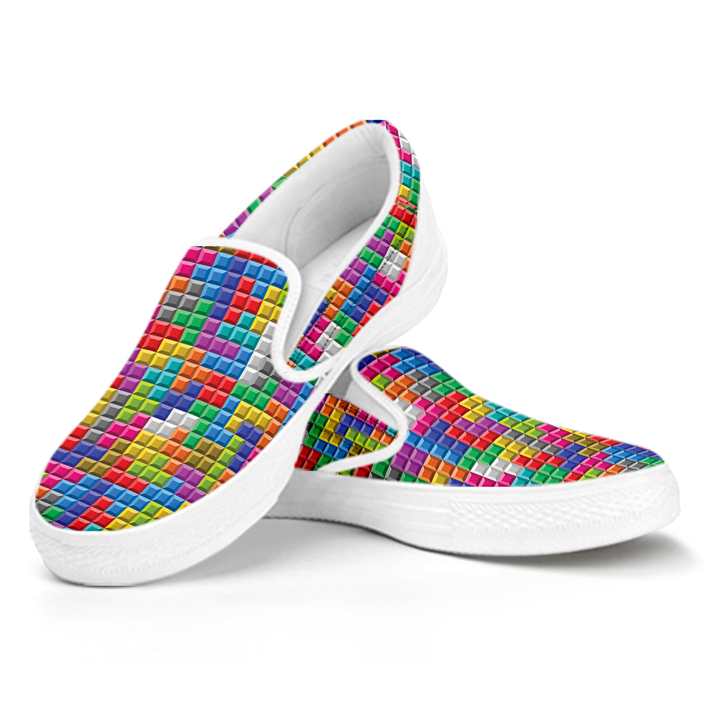 Colorful Brick Puzzle Game Pattern Print White Slip On Shoes