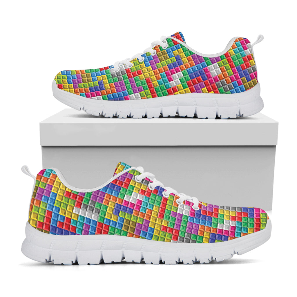 Colorful Brick Puzzle Game Pattern Print White Sneakers