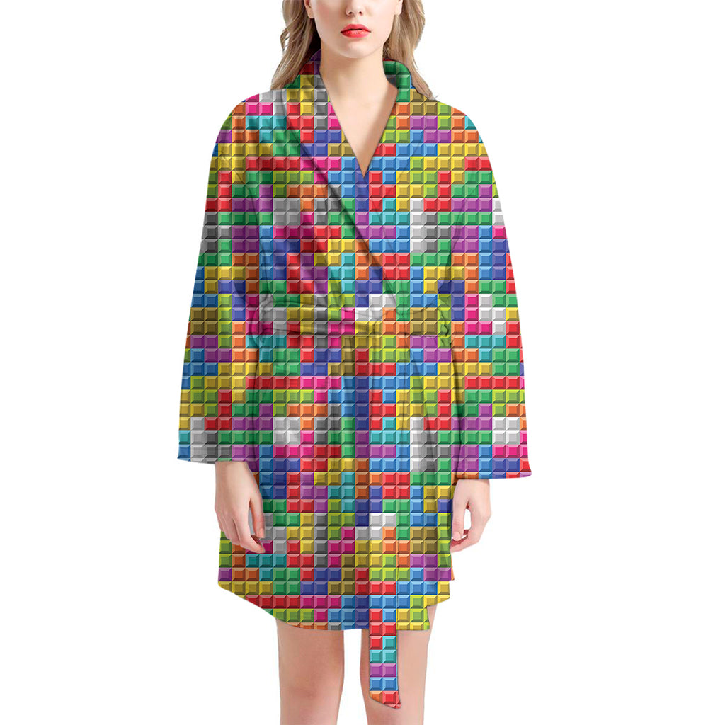 Colorful Brick Puzzle Game Pattern Print Women's Bathrobe