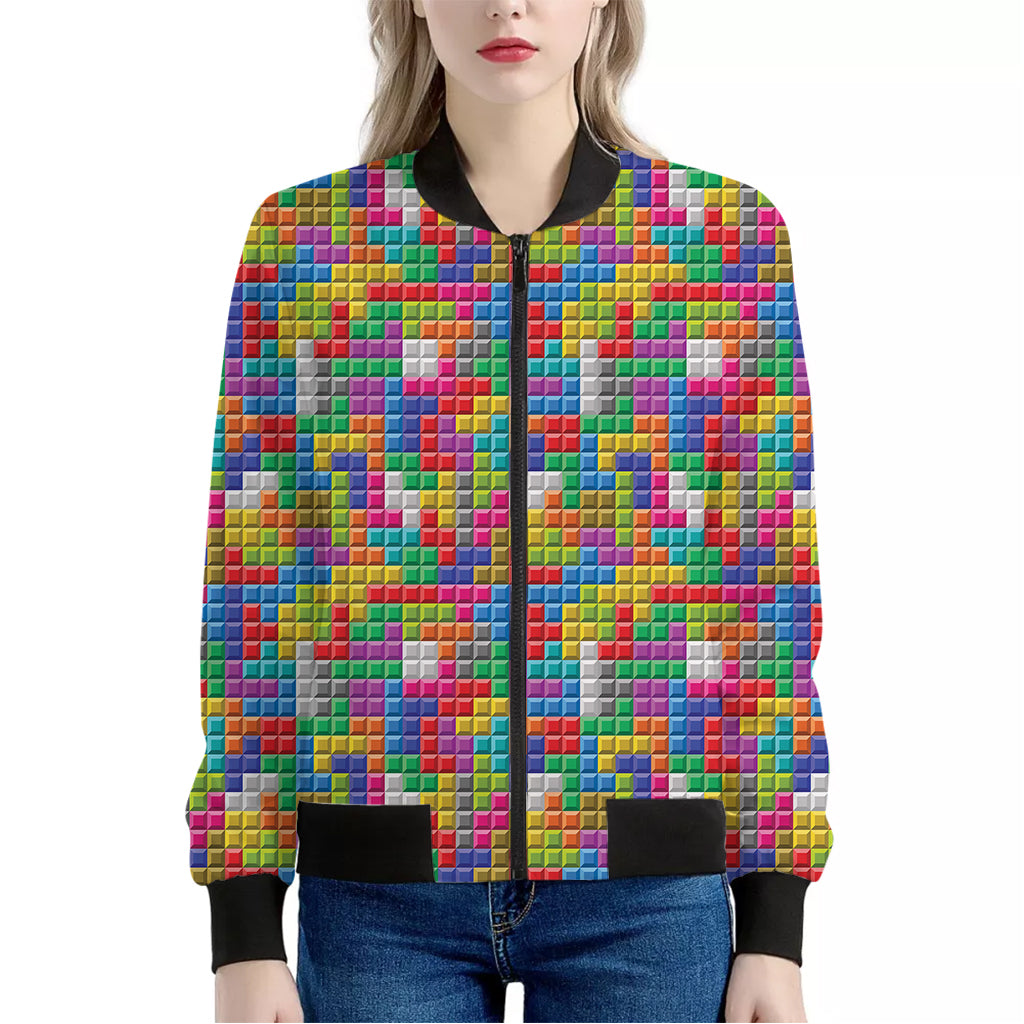 Colorful Brick Puzzle Game Pattern Print Women's Bomber Jacket