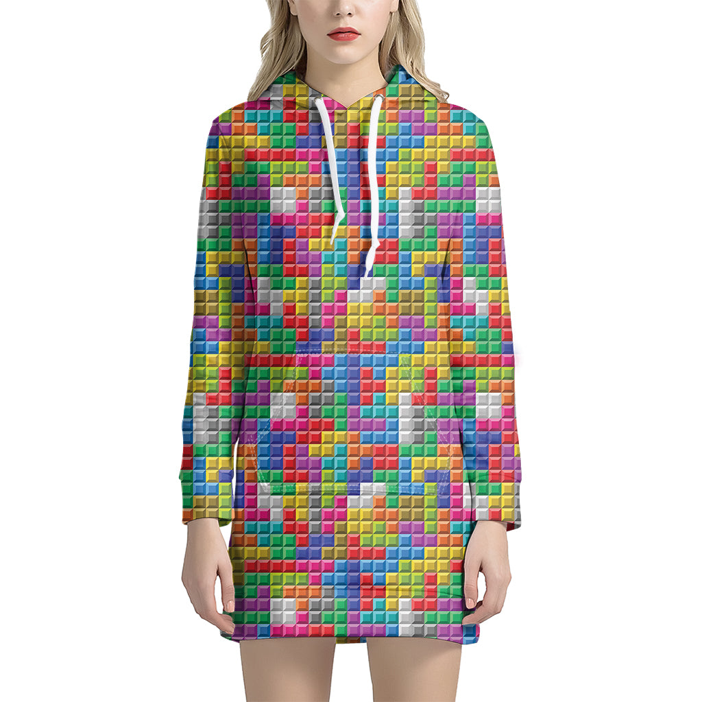 Colorful Brick Puzzle Game Pattern Print Women's Pullover Hoodie Dress