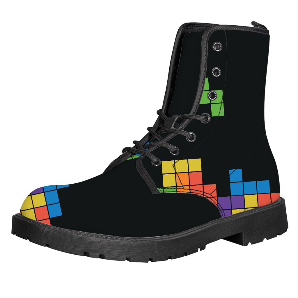 Colorful Brick Puzzle Video Game Print Leather Boots