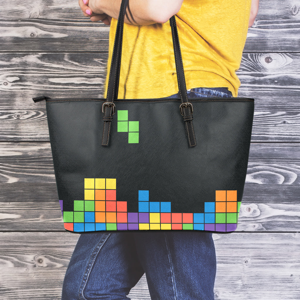 Colorful Brick Puzzle Video Game Print Leather Tote Bag