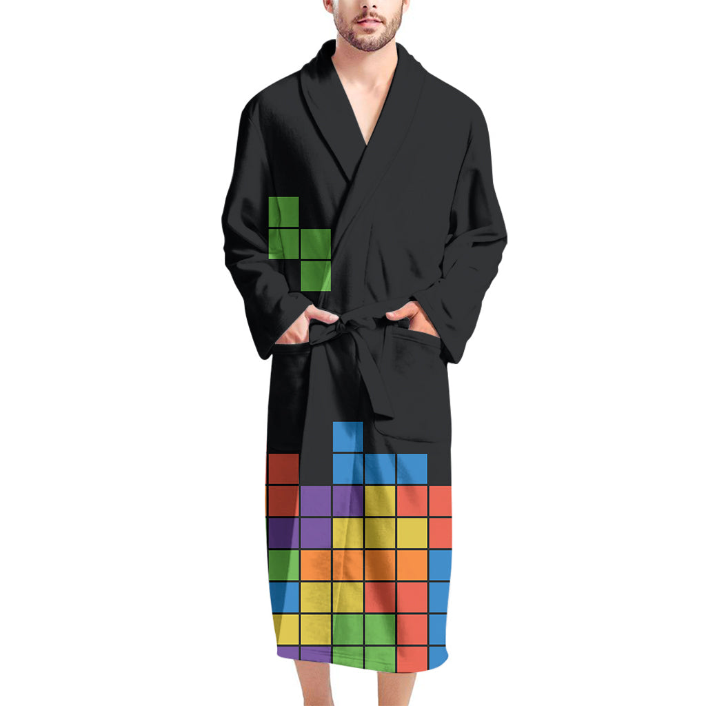 Colorful Brick Puzzle Video Game Print Men's Bathrobe