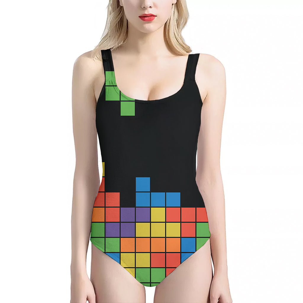 Colorful Brick Puzzle Video Game Print One Piece Halter Neck Swimsuit