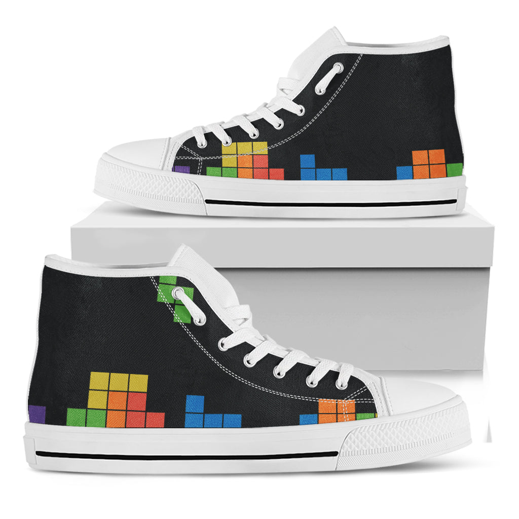 Colorful Brick Puzzle Video Game Print White High Top Shoes