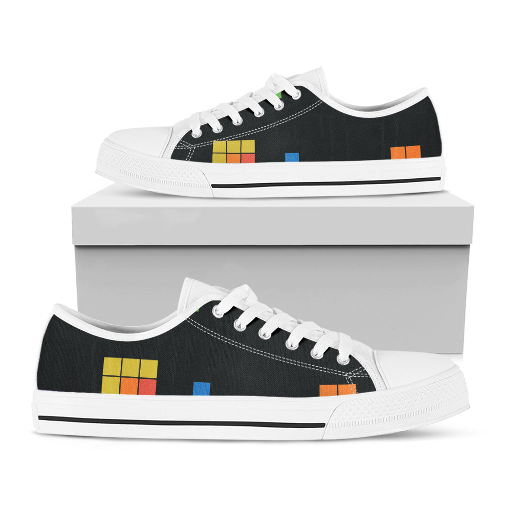 Colorful Brick Puzzle Video Game Print White Low Top Shoes