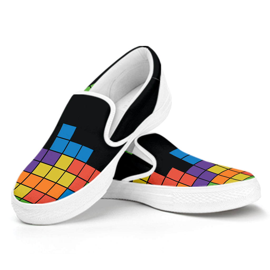 Colorful Brick Puzzle Video Game Print White Slip On Shoes