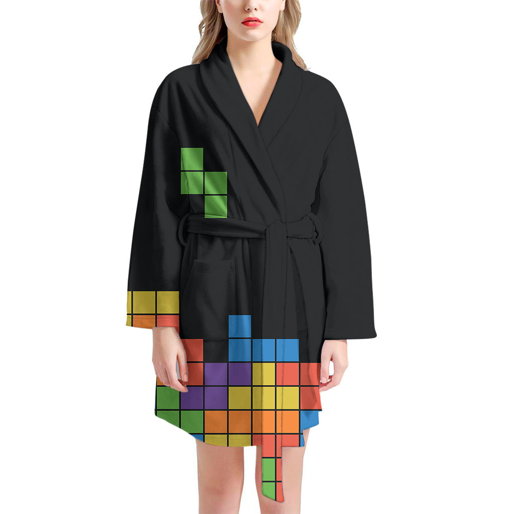 Colorful Brick Puzzle Video Game Print Women's Bathrobe