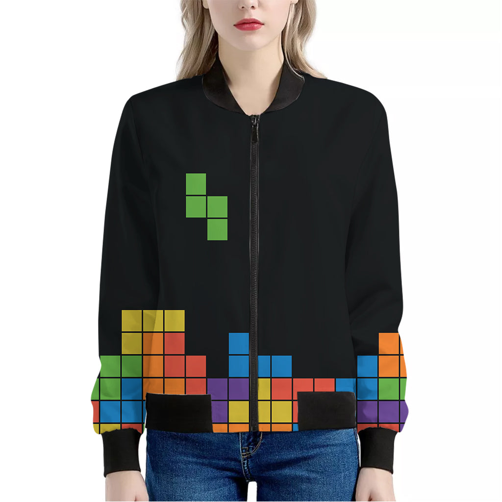 Colorful Brick Puzzle Video Game Print Women's Bomber Jacket