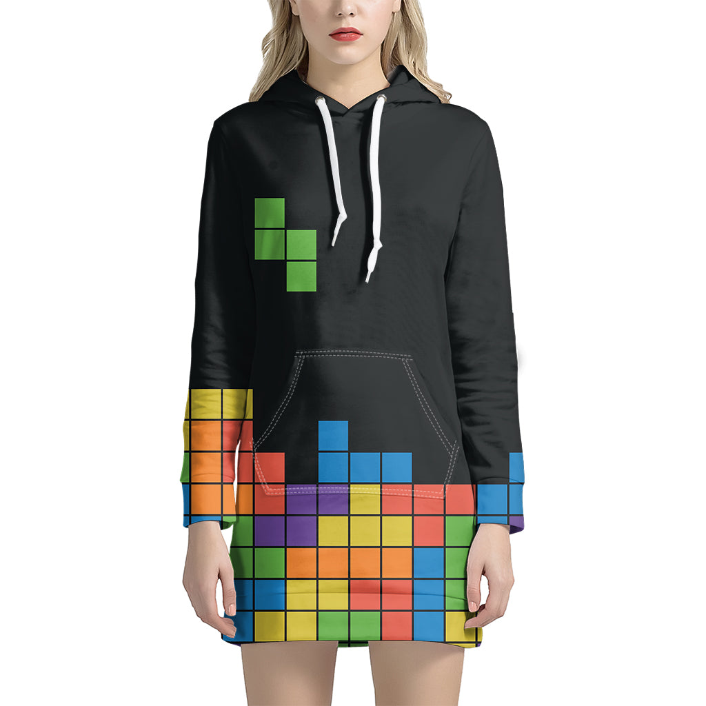 Colorful Brick Puzzle Video Game Print Women's Pullover Hoodie Dress