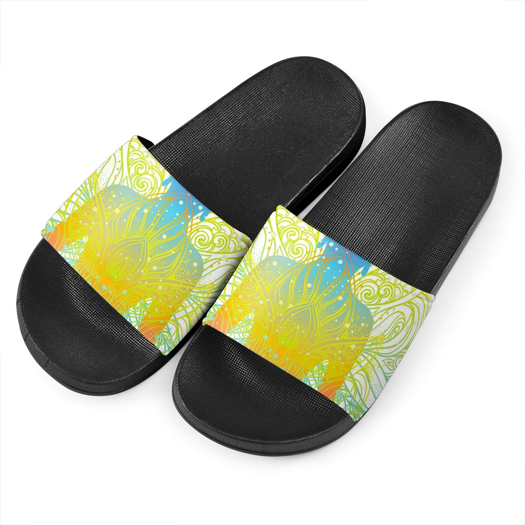 Colorful Buddha Lotus Print Black Slide Sandals