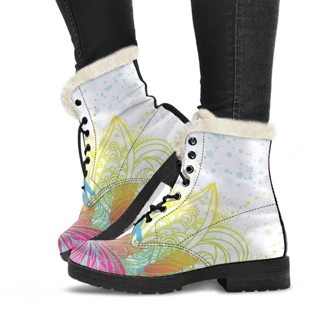 Colorful Buddha Lotus Print Faux Fur Leather Boots