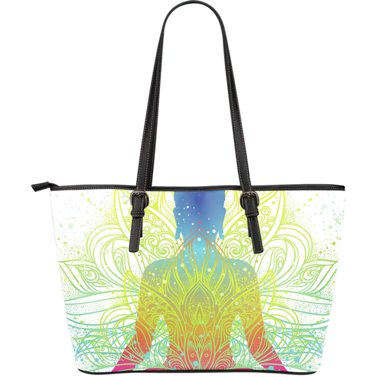 Colorful Buddha Lotus Print Leather Tote Bag