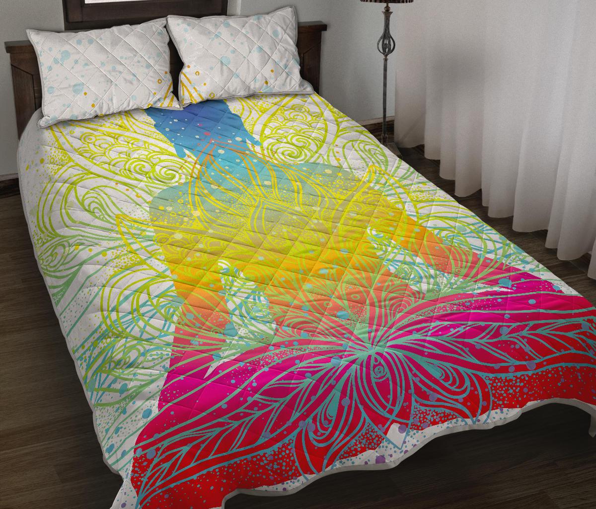 Colorful Buddha Lotus Print Quilt Bed Set