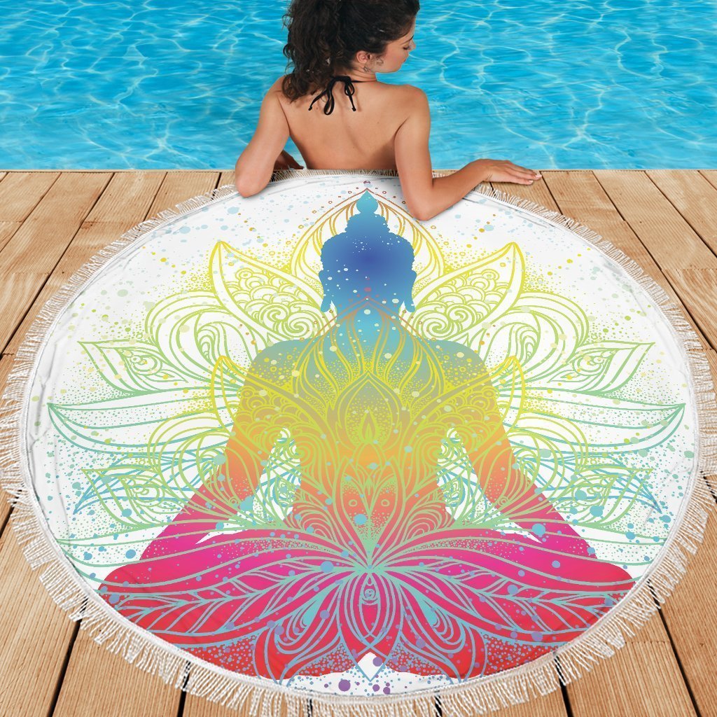 Colorful Buddha Lotus Print Round Beach Blanket